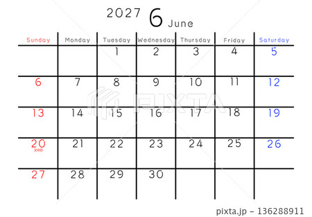 2027年シンプルカレンダー 6月 曜日英語 2027年シンプルカレンダー 6月 曜日英語 136288911