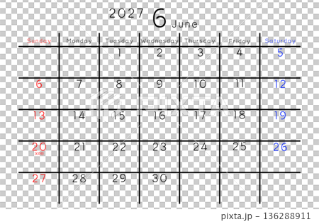 2027年シンプルカレンダー 6月 曜日英語 2027年シンプルカレンダー 6月 曜日英語 136288911