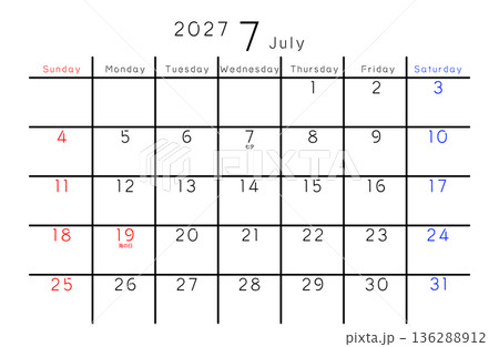 2027年シンプルカレンダー 7月 曜日英語 2027年シンプルカレンダー 7月 曜日英語 136288912