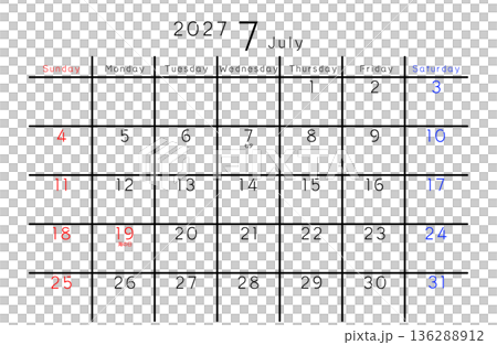 2027年シンプルカレンダー 7月 曜日英語 2027年シンプルカレンダー 7月 曜日英語 136288912