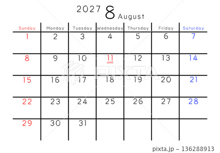 2027年シンプルカレンダー 8月 曜日英語 2027年シンプルカレンダー 8月 曜日英語 136288913