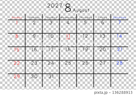2027年シンプルカレンダー 8月 曜日英語 2027年シンプルカレンダー 8月 曜日英語 136288913