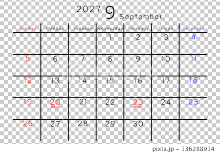 2027年簡易日曆九月星期（英文版） 136288914