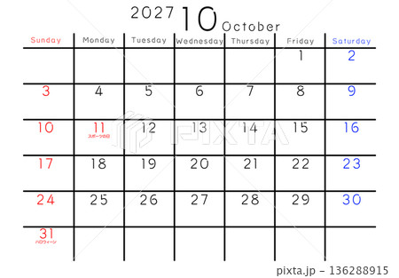 2027年シンプルカレンダー 10月　曜日英語 136288915
