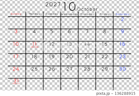 2027年シンプルカレンダー 10月　曜日英語 136288915