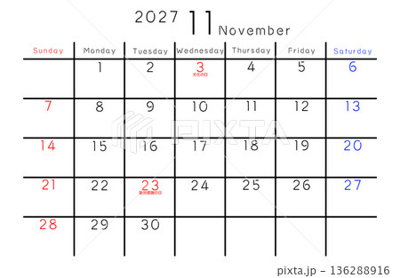 2027年シンプルカレンダー 11月 曜日英語 2027年シンプルカレンダー 11月 曜日英語 136288916