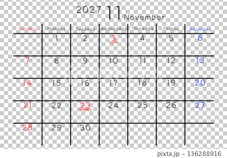 2027年シンプルカレンダー 11月 曜日英語 2027年シンプルカレンダー 11月 曜日英語 136288916