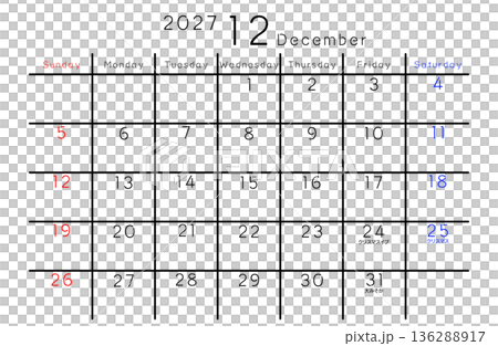 2027 Simple Calendar December Days of the Week English 136288917