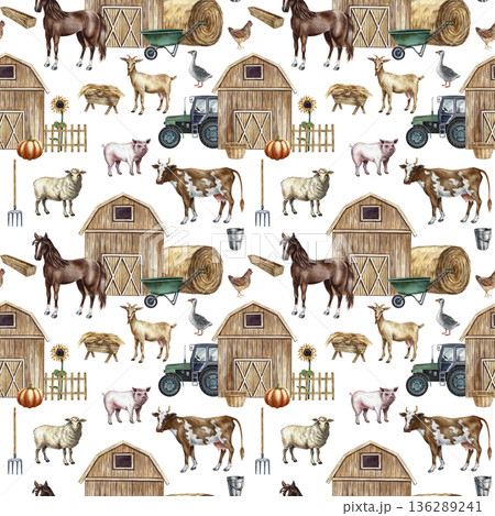 Seamless pattern with an agricultural yard, equipment, and farm animals. Hand-drawn watercolor illustration. Perfect for backgrounds, textiles, wrapping paper, and more. Seamless pattern with an agricultural yard, equipment, and farm animals. Hand-drawn watercolor illustration. Perfect for backgrounds, textiles, wrapping paper, and more. 136289241