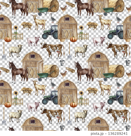 Seamless pattern with an agricultural yard, equipment, and farm animals. Hand-drawn watercolor illustration. Perfect for backgrounds, textiles, wrapping paper, and more. Seamless pattern with an agricultural yard, equipment, and farm animals. Hand-drawn watercolor illustration. Perfect for backgrounds, textiles, wrapping paper, and more. 136289241