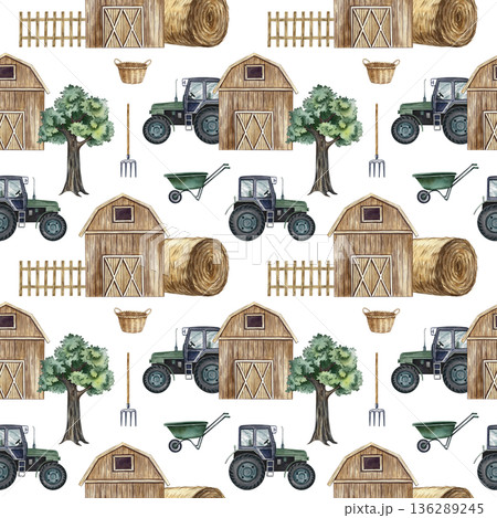 Seamless drawing of an agricultural yard with equipment. Hand-drawn watercolor illustration. Perfect for backgrounds, textiles, wrapping paper, and more. 136289245