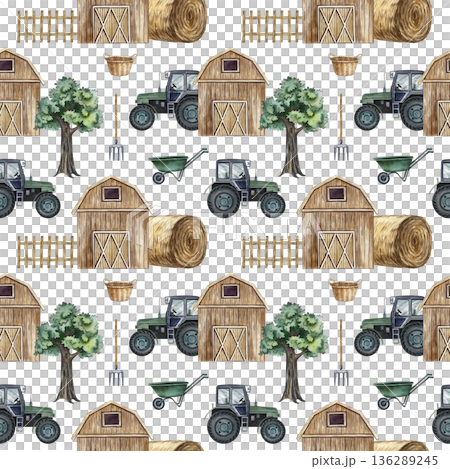Seamless drawing of an agricultural yard with equipment. Hand-drawn watercolor illustration. Perfect for backgrounds, textiles, wrapping paper, and more. 136289245