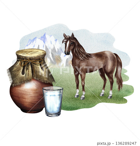 Mare's milk koumiss. A clay jug and a glass of milk in a pasture with a horse. A hand-drawn watercolor illustration. Perfect for advertising dairy products, banners, posters, packaging, label and more 136289247