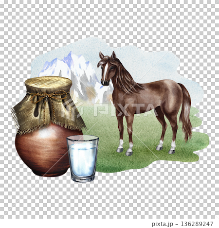 Mare's milk koumiss. A clay jug and a glass of milk in a pasture with a horse. A hand-drawn watercolor illustration. Perfect for advertising dairy products, banners, posters, packaging, label and more 136289247
