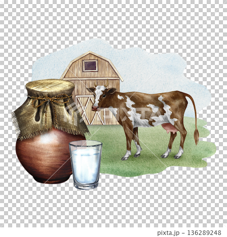 Cow's milk. A clay jug and a glass of milk in a rural scene with a cow. A hand-drawn watercolor illustration. For advertising dairy products, banners, posters, packaging design, labels, and more. Cow's milk. A clay jug and a glass of milk in a rural scene with a cow. A hand-drawn watercolor illustration. For advertising dairy products, banners, posters, packaging design, labels, and more. 136289248