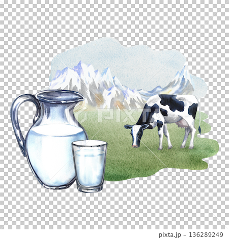 Cow's milk. Glass jug and glass of milk in a pasture with a cow. Hand-drawn watercolor illustration. Perfect for advertising dairy products, banners, posters, packaging design, labels, and more. Cow's milk. Glass jug and glass of milk in a pasture with a cow. Hand-drawn watercolor illustration. Perfect for advertising dairy products, banners, posters, packaging design, labels, and more. 136289249