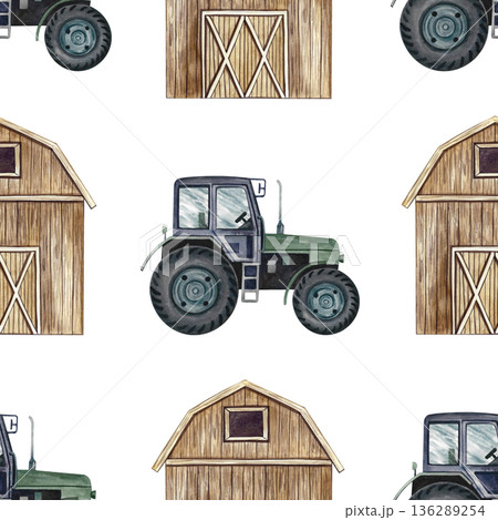 Seamless pattern with agricultural tractors and barns. Hand-drawn watercolor illustration. Perfect for backgrounds, textiles, wrapping paper, and more. Seamless pattern with agricultural tractors and barns. Hand-drawn watercolor illustration. Perfect for backgrounds, textiles, wrapping paper, and more. 136289254