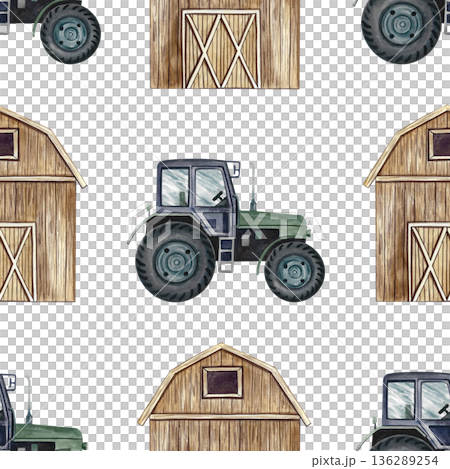 Seamless pattern with agricultural tractors and barns. Hand-drawn watercolor illustration. Perfect for backgrounds, textiles, wrapping paper, and more. 136289254