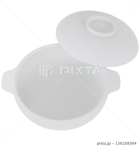 背景透過された蓋を開けた状態の土鍋の3Dモックアップ画像。 136289364