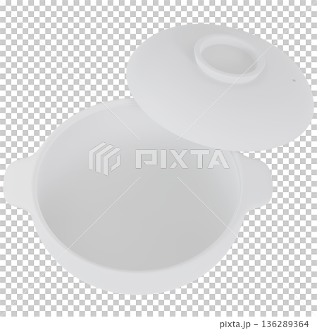 背景透過された蓋を開けた状態の土鍋の3Dモックアップ画像。 136289364