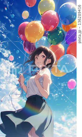 青空の下でカラフルな風船を持つ制服姿の少女 希望と祝福のアニメイラスト 136289416