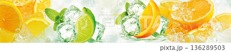 Refreshing citrus mix of orange and lime with ice and mint leaves panoramic banner Refreshing citrus mix of orange and lime with ice and mint leaves panoramic banner 136289503