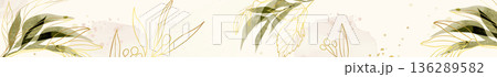 Elegant horizontal botanical banner with green watercolor leaves, gold line art branches, and pastel paint splashes. 136289582