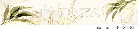 Luxury botanical border illustration featuring olive green watercolor leaves and gold ink line art on a neutral background. Luxury botanical border illustration featuring olive green watercolor leaves and gold ink line art on a neutral background. 136289583
