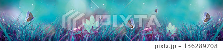 Magical panoramic spring meadow with blue butterflies and sparkling bokeh light in tall grass Magical panoramic spring meadow with blue butterflies and sparkling bokeh light in tall grass 136289708