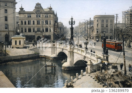 古写真　1911-1918年　東京　石橋の竣工間もない頃の日本橋の風（モノクロ写真をAIでカラー化） 136289970