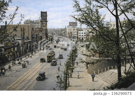 古写真　1933-1945年　東京　上野公園から望む上野広小路（モノクロ写真をAIでカラー化） 136290073