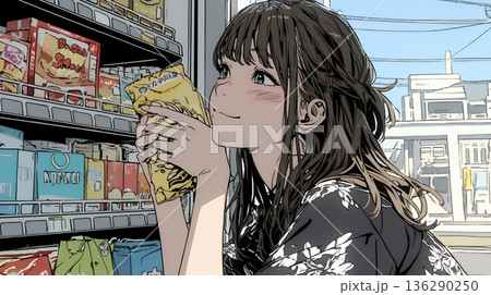 コンビニで新作スイーツを物色中の若い女性