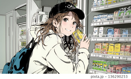 コンビニで新作スイーツを物色中の若い女性