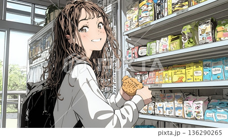 コンビニで新作スイーツを物色中の若い女性