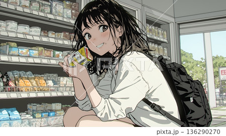 コンビニで新作スイーツを物色中の若い女性