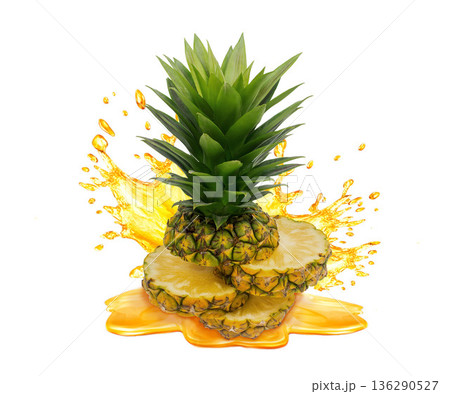 Fresh ripe pineapple, slices cut and pineapple juice splash wave. Healthy food or tropical fruit drink liquid ad label design. Tasty smoothie splash isolated, healthy diet concept on white background Fresh ripe pineapple, slices cut and pineapple juice splash wave. Healthy food or tropical fruit drink liquid ad label design. Tasty smoothie splash isolated, healthy diet concept on white background 136290527