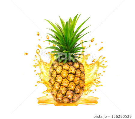 Fresh ripe pineapple, slices cut and pineapple juice splash wave. Healthy food or tropical fruit drink liquid ad label design. Tasty smoothie splash isolated, healthy diet concept on white background 136290529