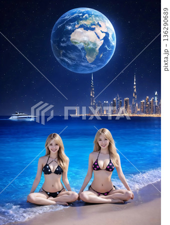 夜のビーチに座るビキニの女性　　AI画像　AI生成 136290689