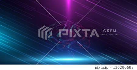 Artificial intelligence brain particle blue and pink science system on dark background. 136290695