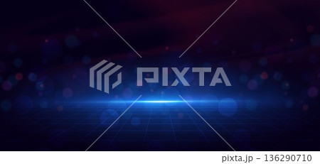 Futuristic scene glowing horizontal blue neon light on dark blue background with bokeh. 136290710