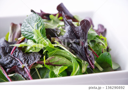 白い角皿に入れたベビーリーフ 136290892