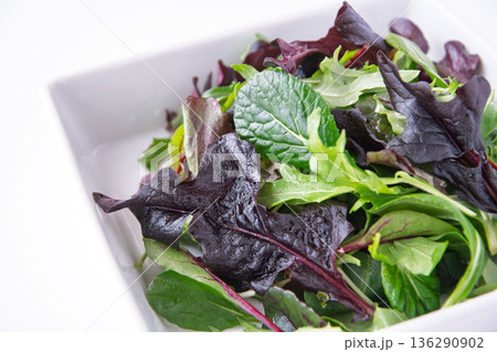 白い角皿に入れたベビーリーフ 136290902