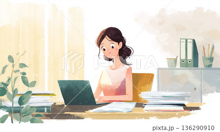 /* パソコンで作業をする女性の在宅ワークイメージイラスト */ 136290910