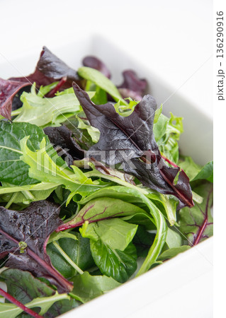 白い角皿に入れたベビーリーフ 136290916
