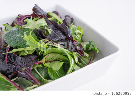 白い角皿に入れたベビーリーフ 136290953