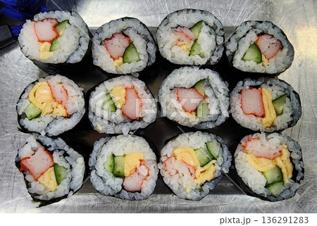 Traditional Japanese Maki Sushi Rolls with Crab Stick and Cucumber 136291283