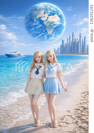 ビーチで笑顔で立つ制服の女子高生　　AI画像　AI生成 136291285