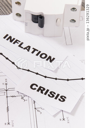 Electrical components, installation plan, inscriptions inflation and crisis. 136291329