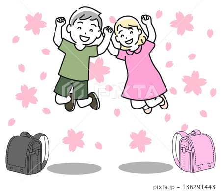 ランドセルとジャンプする一年生 136291443