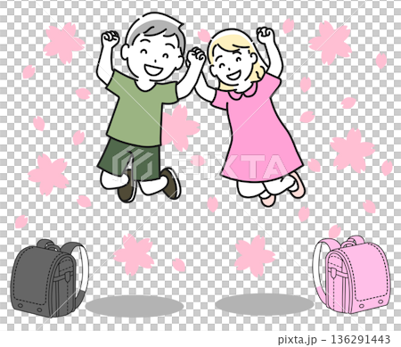 ランドセルとジャンプする一年生 136291443